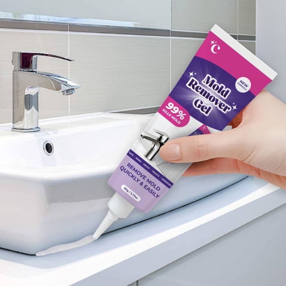 Application of NuroClean mold remover gel on bathroom tile grout with black mold stains.