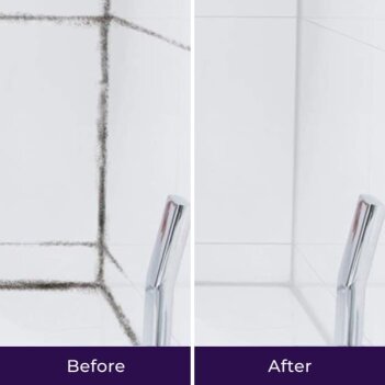 Before and after comparison of NuroClean spray being used on a stove surface with heavy accumulated grease.