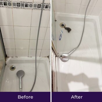 Before and after comparison of NuroClean spray being used on a stove surface with heavy accumulated grease.