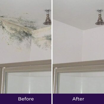 Before and after comparison of NuroClean spray being used on a stove surface with heavy accumulated grease.